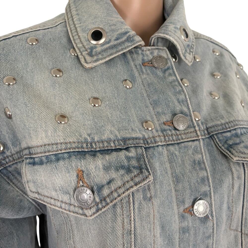 Upcycled Denim Jacket M Angel Cherub Grommet Stud Celestial Punk Boho Retro Blue - Picture 8 of 13
